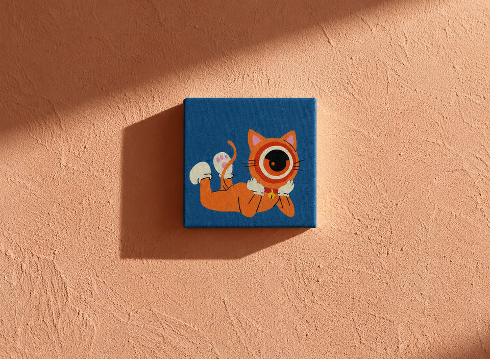 Zero Fluffs Given, ochii mini on a sunlit peach plaster wall