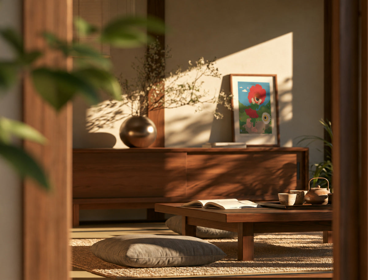 Slow Motion of Love Emotion print, framed on a walnut sideboard in a sunlit room
