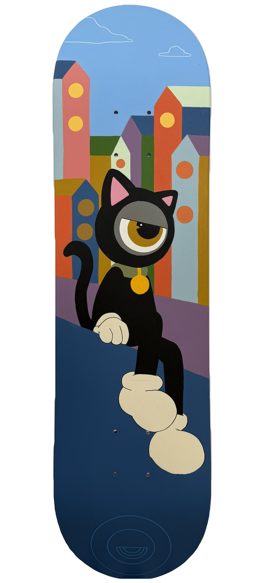 ochii skate deck, hand-painted cat in a sleepy town